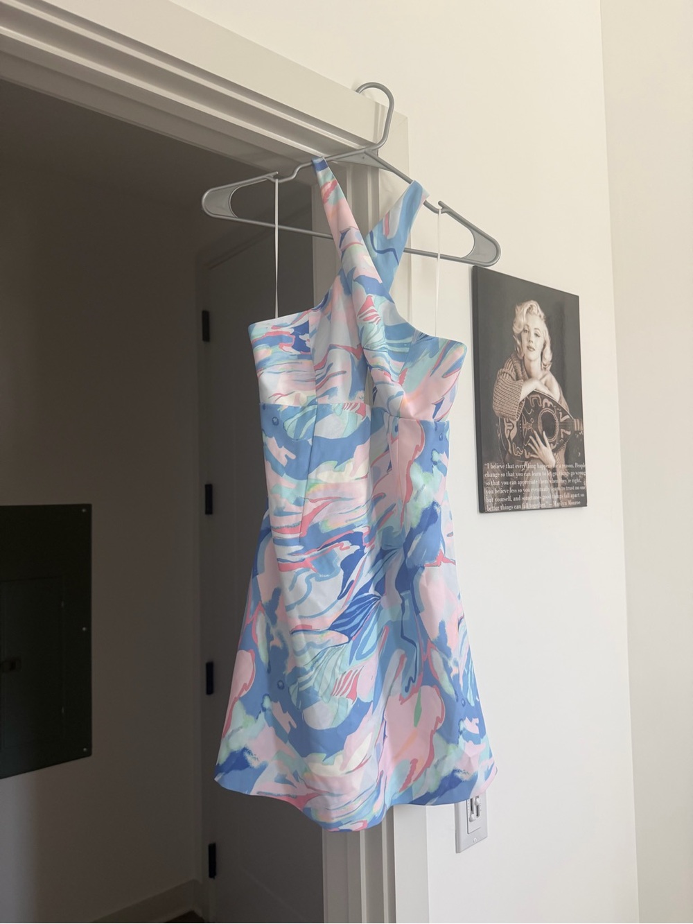 French Connection Pastel Blue & Pink Cross-Back Mini Dress